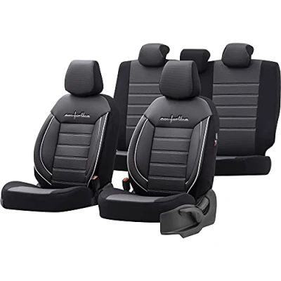 Image of otoM Universal Leather/Fabric Seat cover set &#039;Comfortline&#039; Black/Grey + White trim 11 pieces compatible with Side Airbags