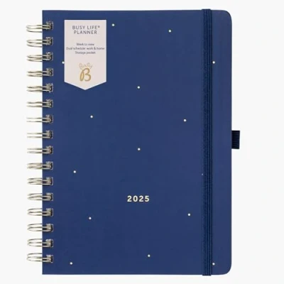 Image of Busy B 12 Month Life Weekly Planner Diary 2025 Spiral Bound with Week to View Layout, Dual Schedule, Tear Out Lists, Storage Pocket, Pen Loop &amp; Elastic Closure Band Navy