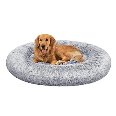 Image of Feandrea Dog Bed, Donut Cat Fluffy Calming Pet Bed with Removable, Washable Cover, Soft Long Plush, 120 cm, Grey, PGW043G01