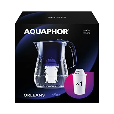Image of AQUAPHOR Orleans Water Filter jug 4.2L, for reduction of limescale, Chlorine and other impurities, 1x A5 350 litre Added Magnesium Cartridge Premium in Glass effect. Blue