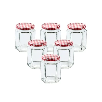 Image of Lucenté 6PC Glass Jam Jars Preserve Pots Pickle with Airtight RED Gingham Screw Top Lids 280ml