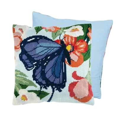 Image of Trimits Half Stitch Cross Cushion Kit, Back Included, Pre Printed Canvas, Yarn and Needle Included 40 x 40cm (15.75 15.75in), Butterfly