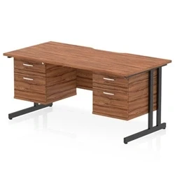 Image of Impulse 1600 x 800mm Scalloped Edge Straight Office Desk Walnut Top Black Cantilever Leg Workstation 2 Drawer Fixed Pedestal