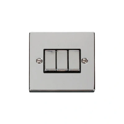 Image of Click Deco 3 Gang 2 Way Ingot 10AX Switch Polished Chrome Black Inserts