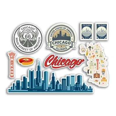 Image of A5 Sticker Sheet Chicago Vinyl Stickers America USA City Stamp Illinois Holiday Travel #78499