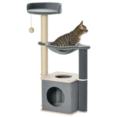 Image of PawHut Cat Tree for Indoor Cats 95cm Climbing Tower Kitten Activity Center with Sisal Scratching Post Perch Roomy Condo Hammock Removable Felt Hanging Toy, Grey