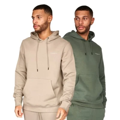 Image of Crosshatch Mens Plain (2 Pack) Hoodie Casual Hooded Sweatshirt Overhead Pullover made from Sustainable Cotton and recycled plastic(S,KHAKI/STONE)