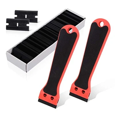 Image of Ehdis 2 pcs Plastic Scraper with 100 Razor Blade, 6inch Long Handle EVA Foam, Adhesive Remover, Sticker for Remove Label, Glue, Sticky Stuff, Decal, Red