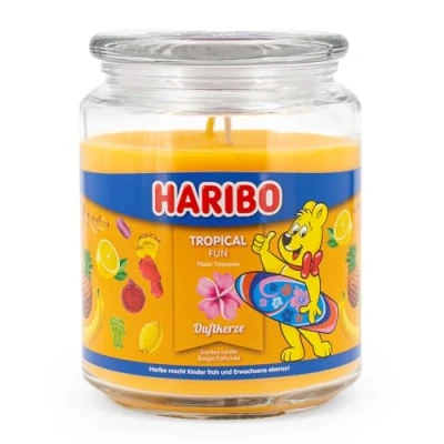 Image of Haribo Scented Candle in Glass with Lid Tropical Fun Fruity Candles Long Burning Time (100 h) Yellow Large (510 g)