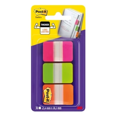 Image of Post it Index Medium Strong Filing Tabs, 36 25.4 mm x 38.1 mm, Orange, Pink and Green Sticky Flags for Documents Information, packaging may vary