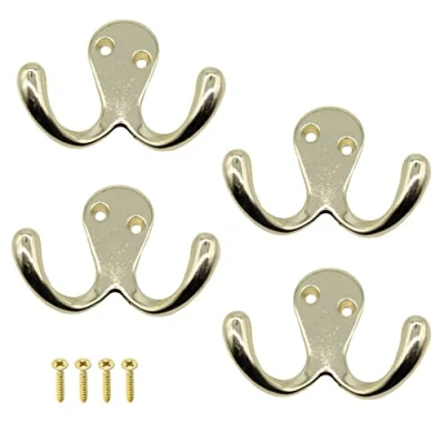Image of EAI Double Robe Hook for Coats Bath Towels 55x76mm Pack of 4 (Brass)