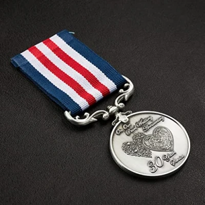 Image of the Commemorative Coin Company 30th Pearl Wedding Anniversary Medal for Long/Distinguished Service and Bravery in Field. Gift/Present Husband/Wife/Partner/Couple, Silver, 10.5cm
