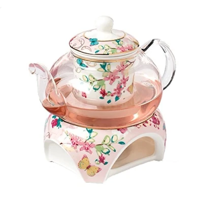 Image of YBK Tech Bone China and Glass Coffee Pot Teapot with Warmer Tea Infuser (Pink (Butterflies Patterns))