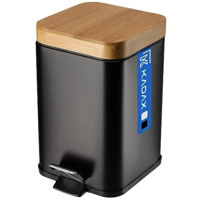 Image of KADAX Toilet Bin, Powder Coated Steel Kitchen Waste Bin with Bamboo Lid, Small Bathroom Trash Can Foot Pedal and Internal Bucket (3L, White, Rectangular)