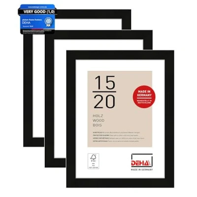 Image of DEHA Design Fontana Photo Frame 6x8, Set of 3, Wooden Picture 15x20cm, Black with Protective Acrylic Glazing and Push Turn Clips