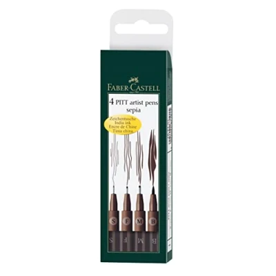 Image of Faber Castell Art &amp; Graphic Pitt Artist Pen India Ink Pen, Dark Sepia, Wallet Of 4, For Art, Craft, Drawing, Sketching, Home, School, University, Colouring