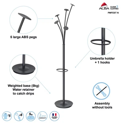 Image of Alba Festival Hat and Coat Stand Tubular Steel with Umbrella Holder 5 Pegs Black Ref PMFESTY N