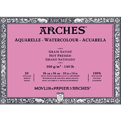 Image of ARCHES 26 x 36 cm 300 GSM Hot Pressed Glued on 4 Sides Block Watercolour Paper Natural White (Pack of 20 Sheets)