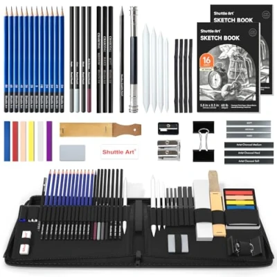 Image of Shuttle Art Sketching Pencils and Drawing Set, 52 Pack Sketch Pad Set in Sturdy Zipper Case with Charcoal Books, Professional for Artists, Adults