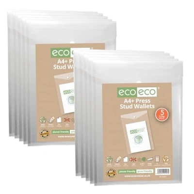 Image of eco A4 50% Recycled Clear Transparent Portrait Press Stud Popper Wallet, Plastic Folders 330x235mm (Pack of 10), 200mic, eco157x2