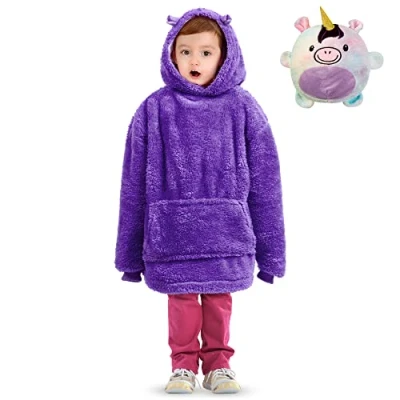 Image of ASAB Kids Oversized Plush Hoodie Blanket with Pet Toy Wearable Animal Snuggle Hooded Soft Warm Giant Pocket For Girls Boys(Purple Unicorn)