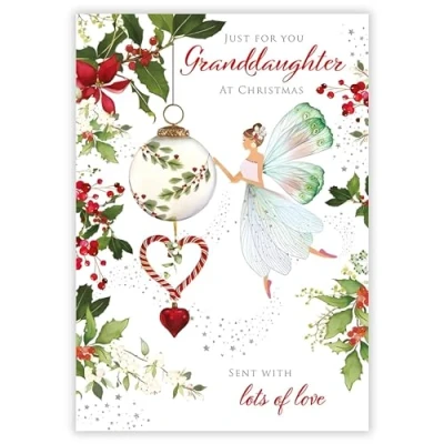 Image of Granddaughter Christmas Card Winter Fairy and Festive Flowers Artistic Floral Design Special Finish Illustrated Insert Leaf Made in the UK Eco Friendly