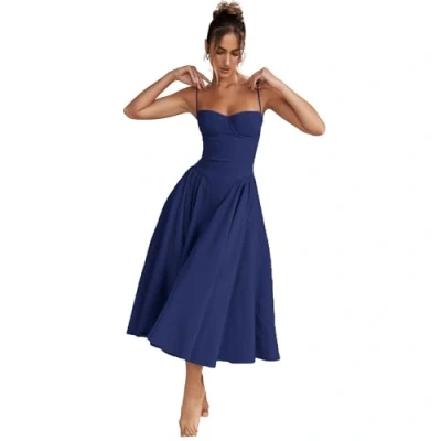 Image of CERAVI Sleeveless Corset Fit Midi Dress Spaghetti Strap Sundress Solid Color Print Bustier High Waist A Line with Pockets (Blue,M)
