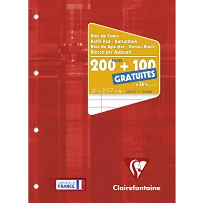 Image of Clairefontaine Ref 65818C Glued Punched Refil Pad (300 Pages) 21 x 29.7cm, 90gsm Paper , 4 Hole Punched, Lined Rulings, Laminated Card Cover Raspberry Red