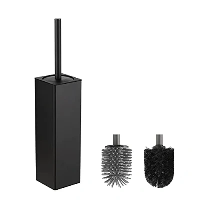 Image of BVL Black Toilet Brush, Square Silicon Brush and Holder, Free Standing Including 2 Quick Drying Heads
