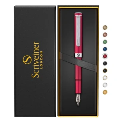 Image of Scriveiner Luxury EDC Fountain Pen (Medium), Stunning Matt Red Pocket Pen, Chrome Finish, Schmidt German Nib, Converter, Best Writing Gift Set for Men &amp; Women, Nice Fancy Office Designer