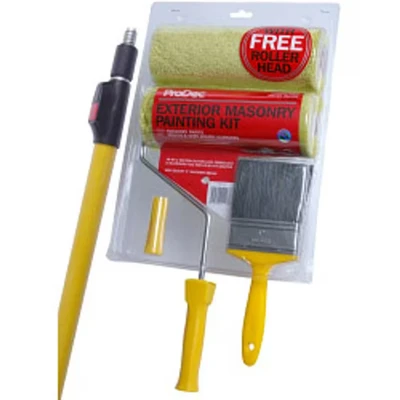 Image of ProDec 6 Piece Twin Head Masonry Roller, 4&#039; 8&#039; Extension Pole &amp; 4&quot; Brush Set, Heavy Duty Paint Roller Set for Painting with Smooth Textured Paints on Exterior Walls, 9&quot;