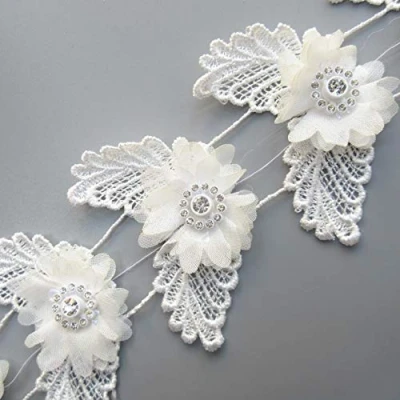 Image of 2 Yard 3D Chiffon Diamond Flower Leaves Lace Edging Trim Ribbon 75mm Width Vintage Style White Trimmings Fabric Embroidered Applique Sewing Craft Wedding Bridal Dress Party Decoration Clothes Hat DIY