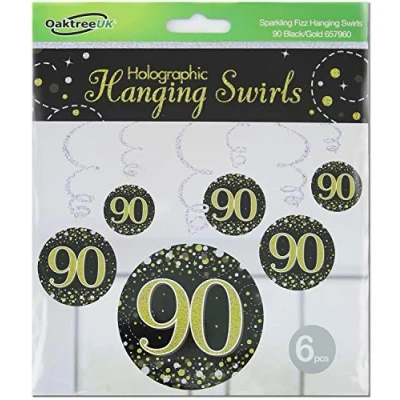 Image of OakTree Sparkling Fizz Hanging Swirls 90th Black/Gold 6pcs