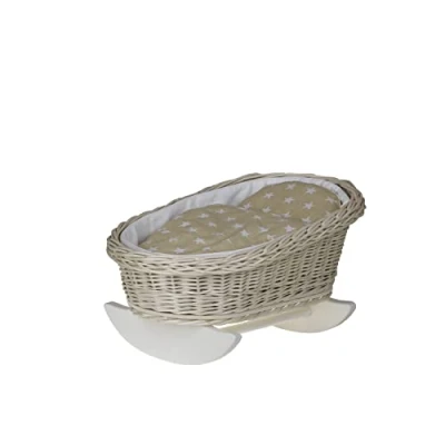 Image of e wicker24 White Wicker Dolls Cot Vintage Cradle Doll Bed Handmade for Baby Crib Retro Style Bedding Wooden Rocking Bassinet Toy with Pink