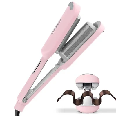 Image of TYMO Hair Waver Crimper Curler Deep Curling Iron, Ionic Beach Waves Wand with Ceramic Tourmaline Barrel for Women, Anti Scald, Quick &amp; Easy, Dual Voltage, ROVY Pink 32mm