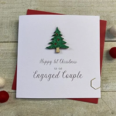 Image of WHITE COTTON CARDS First Chriatmas as Engaged Couple Wooden Glittered Christmas Tree (XS6 1ENG) Handmade
