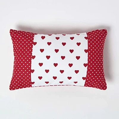 Image of HOMESCAPES Hearts and Polka Dots Cushion Cover 30 x 50 cm Rectangular 12 20 Inches Red White Patchwork 100% Cotton Sofa Pillow Washable