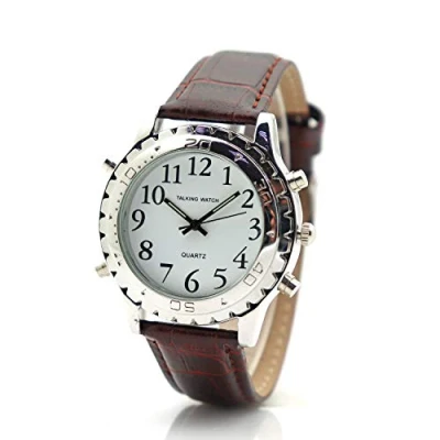 Image of English Talking Watch Voice Quartz Watches for Blind Person Visually Impaired or The Elderly Brown Leather Band