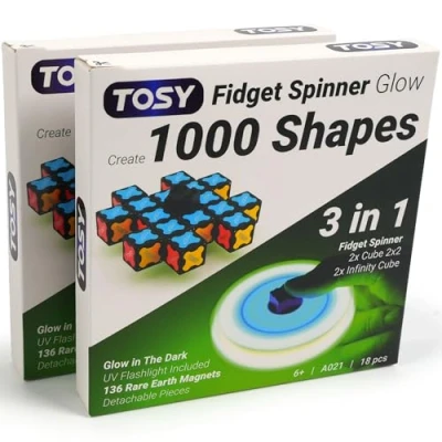 Image of TOSY Magnet Fidget Spinner Glow 3 in 1 Toy: Transformable with 136 magnets, Infinity Cube, 2x2 Puzzle Cube for Beginners, Glowing, Stress Relief, Easter Gift Kids 6+ (set of 2)