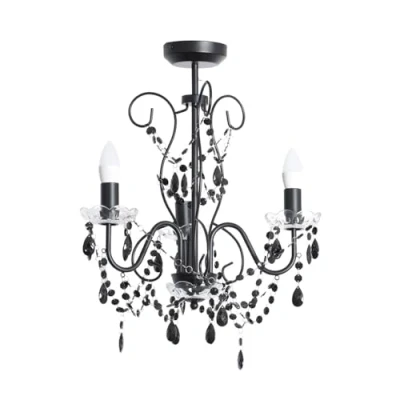Image of Black 3 Way Ceiling Light Chandelier Fitting with Clear Acrylic Jewel Droplets for Living Room