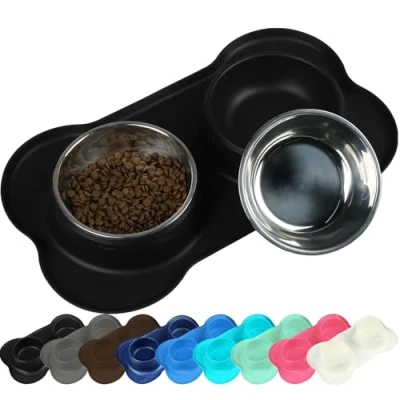 Image of VIVAGLORY Dog Bowls Cat Puppy Food Bowl with Non Spill Skid Resistant Silicone Mat, 825ml Each Stainless Steel Bowl, Black