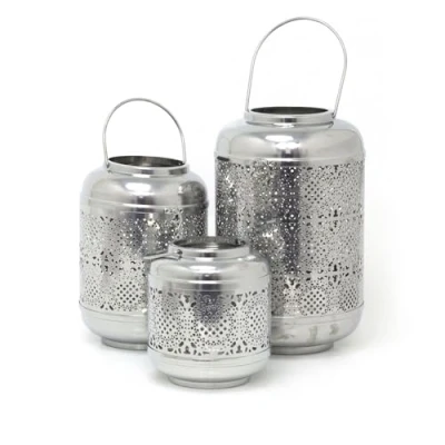 Image of Set Of 3 Silver Metal Lanterns Hurricane Barrel Candle Decorative Holders for Home