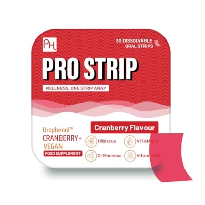 Image of PROSTRIP® Cranberry+ Urophenol™ Providing 36 mg Proanthocyanidins (PACs) Added with D Mannose, Organic Hibiscus, Vitamin D3, B6 &amp; C 30 Oral Vegan Strips No Water Needed by Prowise Healthcare