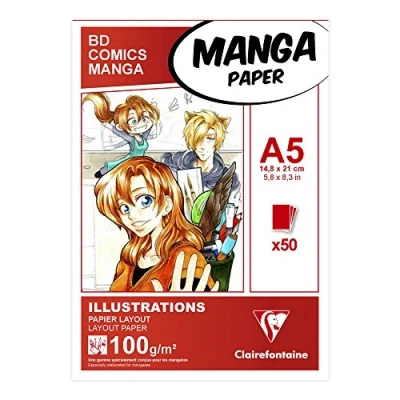 Image of Clairefontaine Ref 94041C Manga Layout Paper for Colouring Glued Pad (50 Sheets) A5 (210 x 148mm) Size, 100gsm Paper, White &amp; Smooth, Ideal Markers, Bleedproof