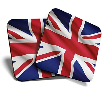 Image of Great Coasters (Set of 2) Square/Glossy Quality Coasters/Tabletop Protection for Any Table Type Union Jack Flag Britain #15601