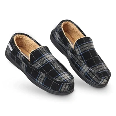 Image of DUNLOP Moccasins Slippers Men Loafers Faux Fur Rubber Sole Memory Foam House Indoor Shoes Gifts For (Black Grey, 9 UK)
