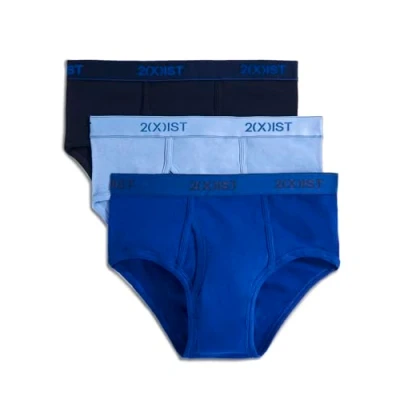 Image of 2(X)IST mens Essential Cotton Fly Front Brief 3 pack, Navy/Cobalt/Porcelain, Large