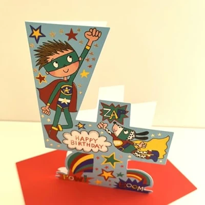 Image of Rachel Ellen Age 4 Die Cut Number Happy Birthday Card Super Hero Dog