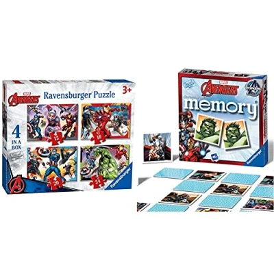 Image of Ravensburger Marvel Avengers 4 in Box (12, 16, 20, 24 Pieces) Jigsaw Puzzles for Kids Age 3 Years Up &amp; Mini Memory Game Matching Picture Snap Pairs Hulk, Thor, Iron Man More