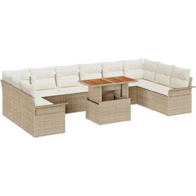 Image of vidaXL 11 Piece Garden Dining Set with Cushions Beige Poly Rattan Acacia